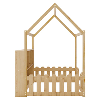 Twin Size House Bed With LED Light, Wood House Bed With Storage Bookshelf, Floor House Bed With Guardrails for Kids, Nat