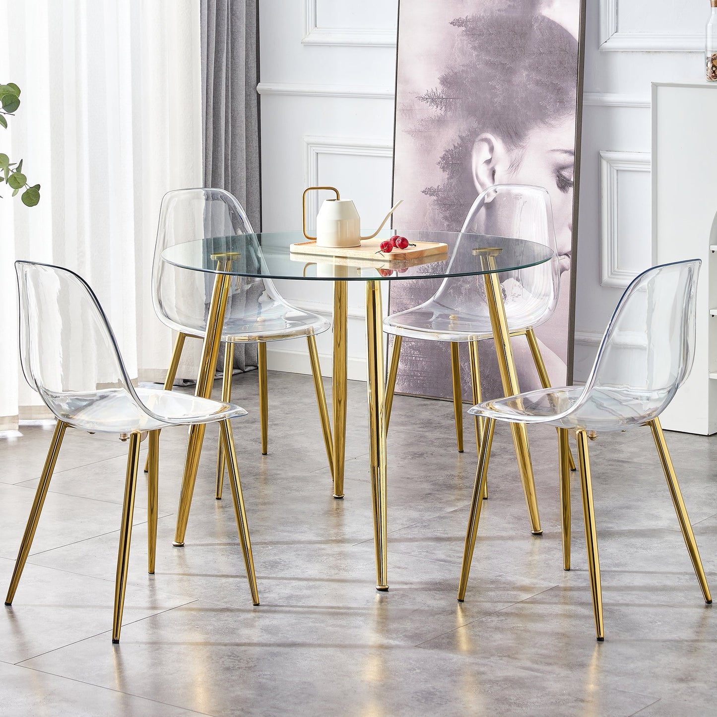 A Glass Tabletop With a Diameter of 40 Inches and a Modern Minimalist Circular Dining Table With Gold Plated Metal Legs.