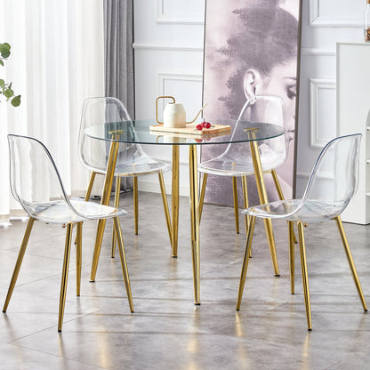 A Glass Tabletop With a Diameter of 40 Inches and a Modern Minimalist Circular Dining Table With Gold Plated Metal Legs.