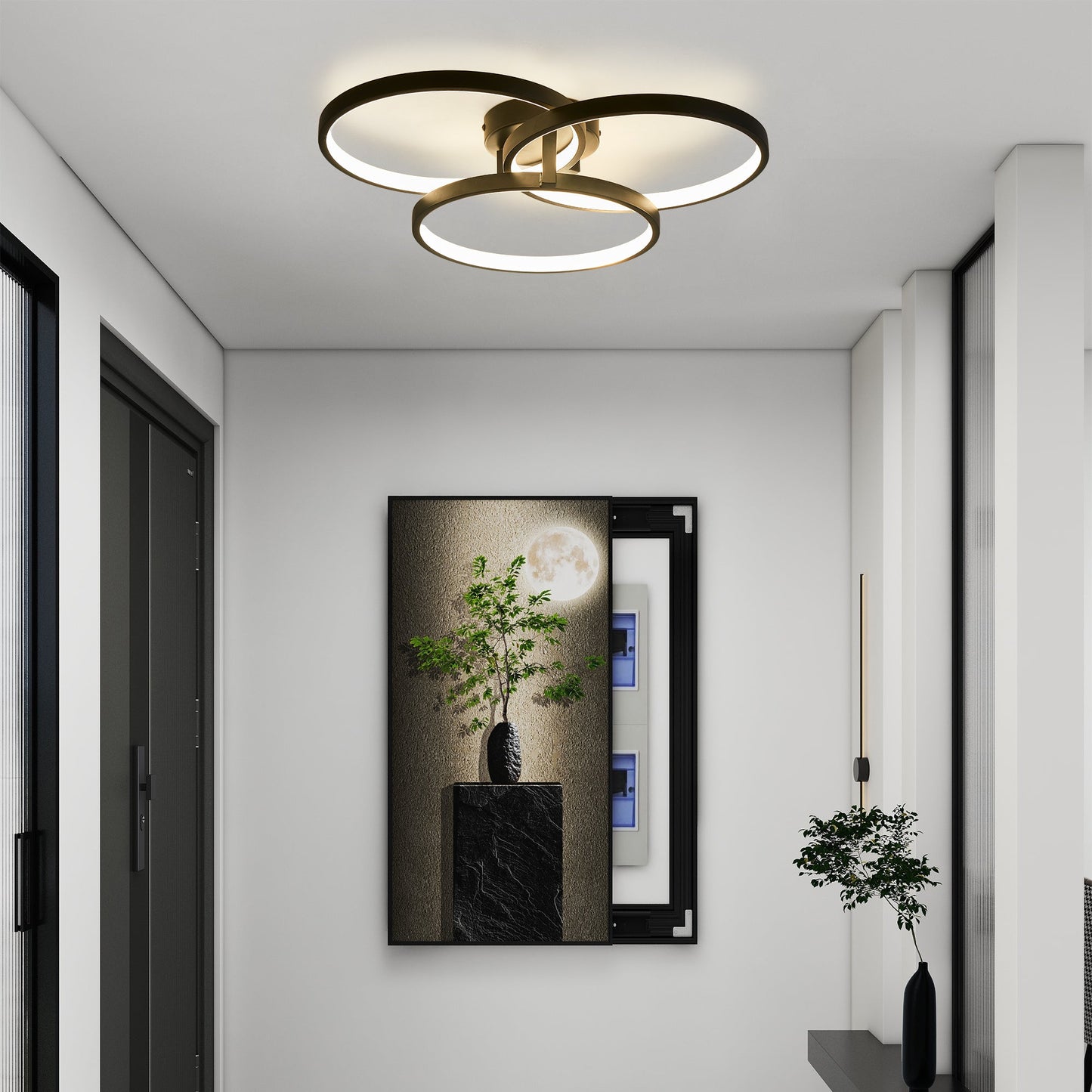 20' Modern Black LED Ceiling Light, 3-Ring Flush Mount Fixture for Living Room, Bedroom, or Dining Room, Sleek and Energ