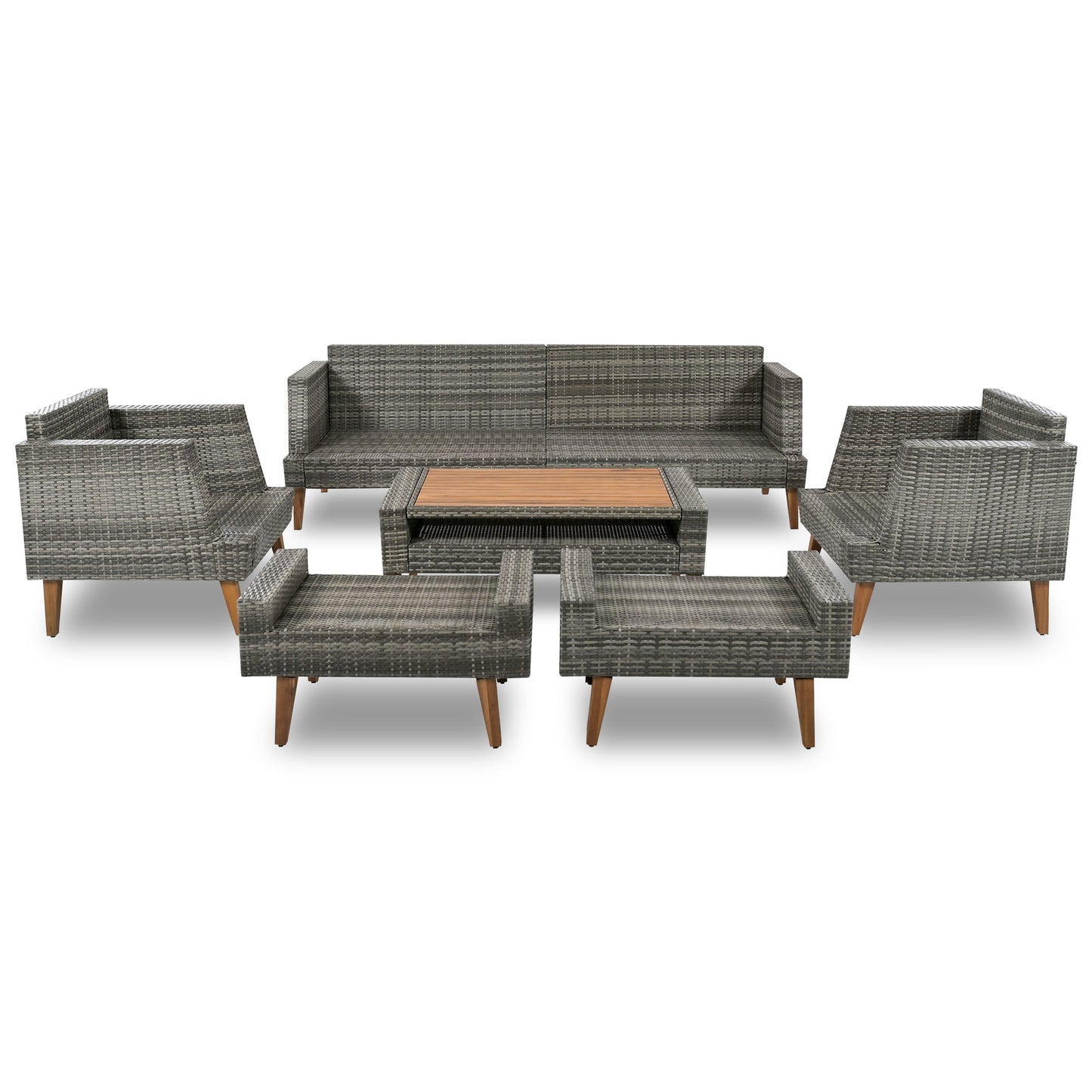 6-Pieces All Weather PE Wicker Sofa Set, Outdoor Rattan Sofa With Double Cushions, Wood Legs Wood Table Top, Beige and G