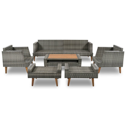 6-Pieces All Weather PE Wicker Sofa Set, Outdoor Rattan Sofa With Double Cushions, Wood Legs Wood Table Top, Beige and G