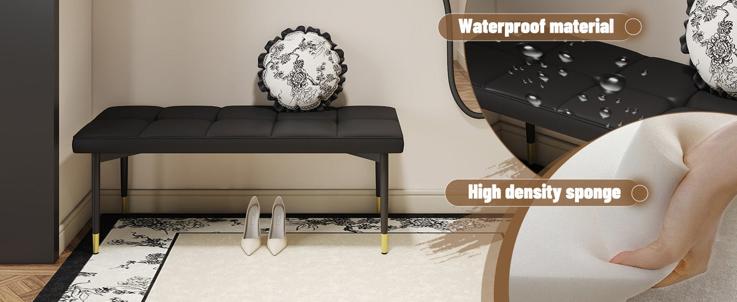47*16 Inch Multifunctional Black Shoe Bench - Faux PU Cushion, Sturdy Metal Legs With Gold Accents.Suitable for Bedroom,