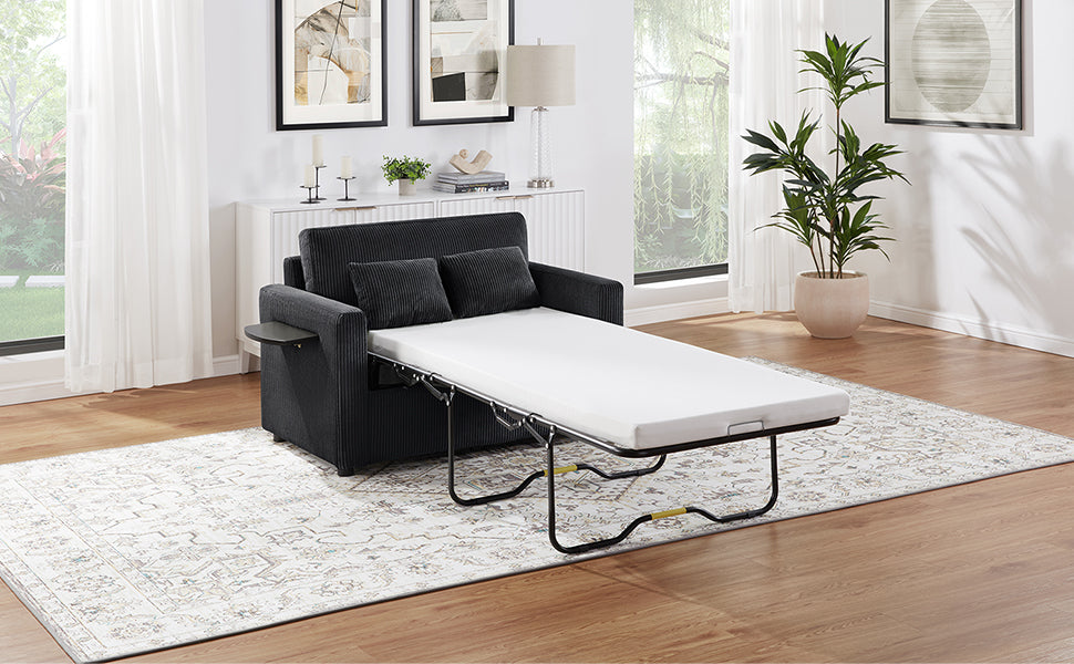 Twin Size Sofa Bed 47.2' Sleeper Sofa Loveseat With Foldable Mattress, Side Table, Storage Pocket, USB Ports, Black Cord