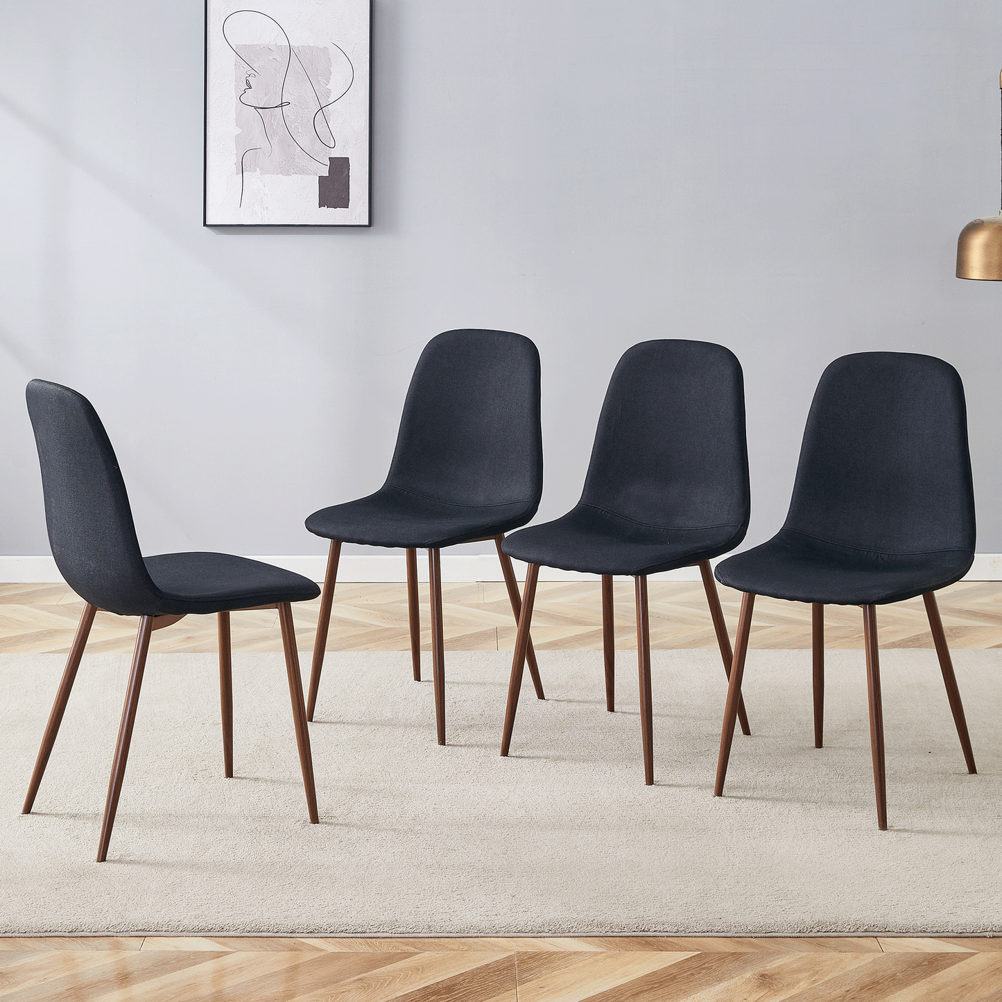 Luxury Simple Chair Set of 4 Black Linen-Cotton High Resilience Dining Chair With Metal Walnut Color Leg