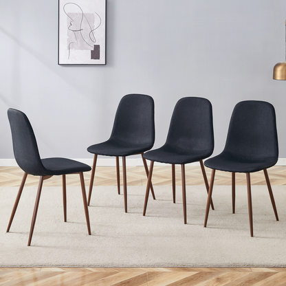 Luxury Simple Chair Set of 4 Black Linen-Cotton High Resilience Dining Chair With Metal Walnut Color Leg