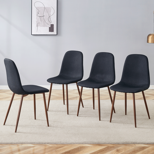 Luxury Simple Chair Set of 4 Black Linen-Cotton High Resilience Dining Chair With Metal Walnut Color Leg