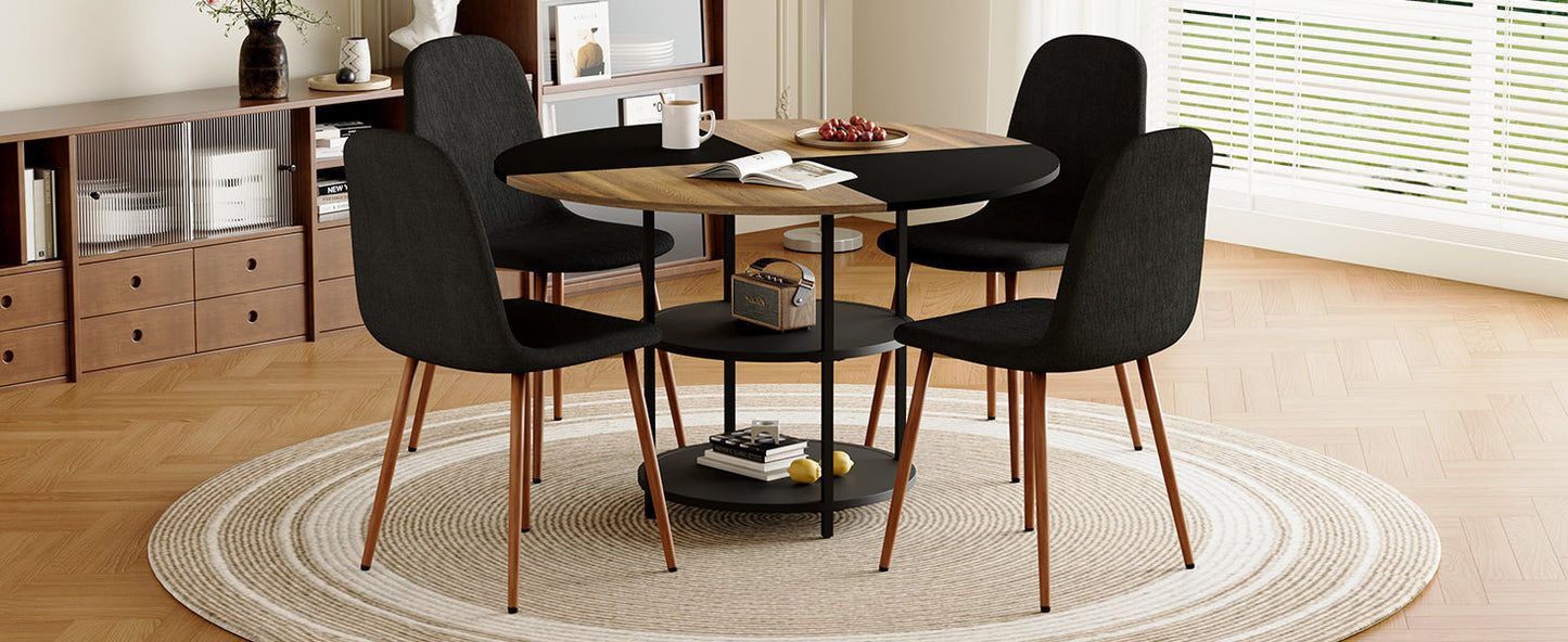 Table and Chair set.A 47.3-Inch Diameter Modern Splicing Circular Dining Table - Double-Layer storage.Paired With 4 Blac