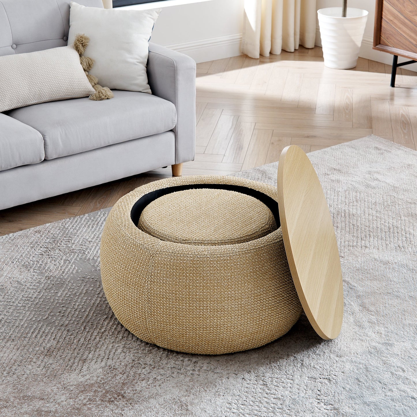 Round Storage Ottoman, Woven Rattan Fabric Ottoman, 2 in 1 Function, Work as End Table and Ottoman,with Small Seat-Natur