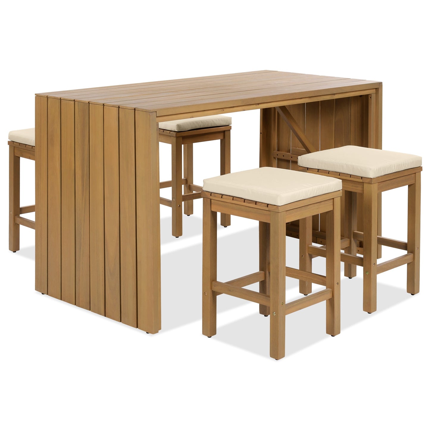 5 Piece Outdoor Bar Set, Patio Acacia Wood Bar Height Table & Four Stools With Cushions, Wood Dining Bar Set for Backyar