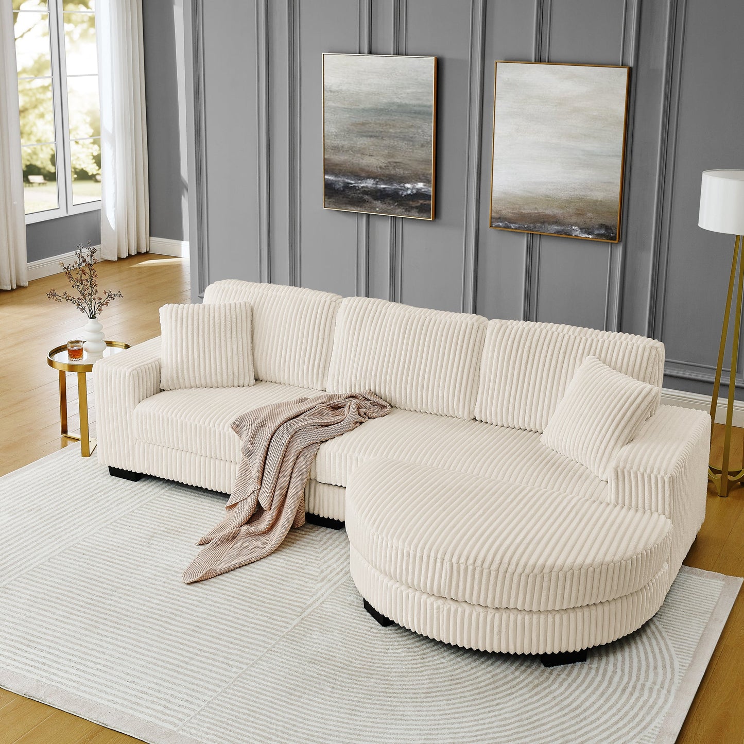 Corduroy Tufted Upholstered Sleeper Sectional Sofa, L-Shaped Modular Convertible Sofa ,The Arc-Shaped Footstool Can Be P
