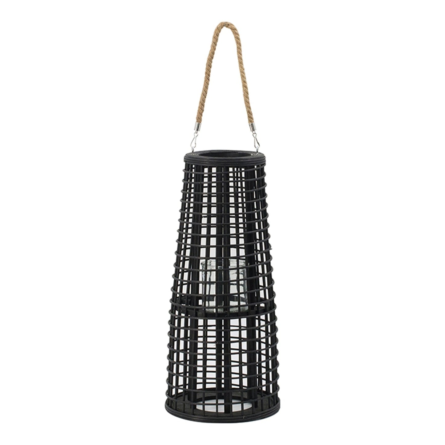 D9.5x21' Woven Rattan Hurricane Lantern With Hemp Rope, Black