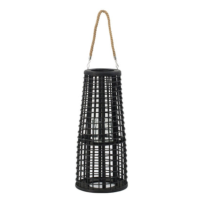 D9.5x21' Woven Rattan Hurricane Lantern With Hemp Rope, Black
