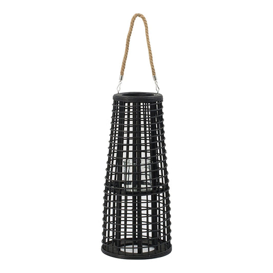 D9.5x21' Woven Rattan Hurricane Lantern With Hemp Rope, Black