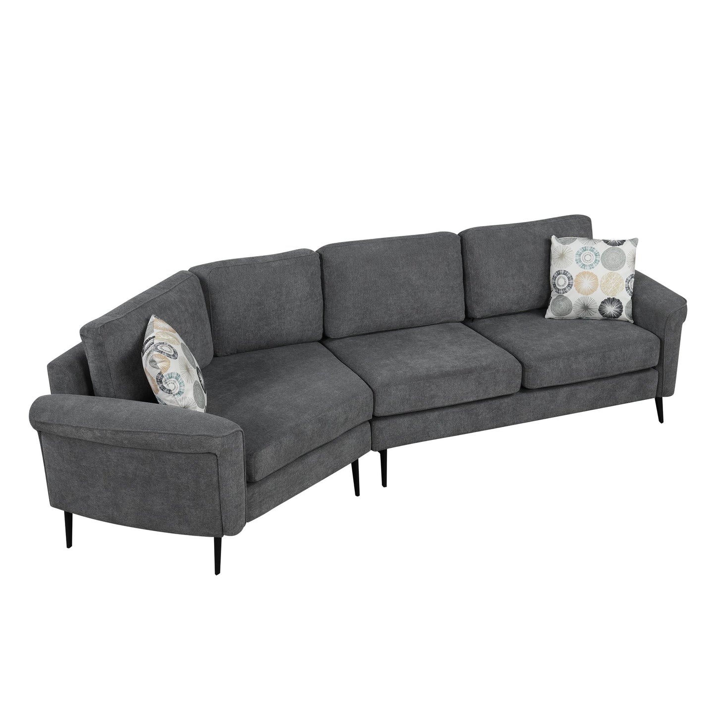 111' Upholstered 3-Seater Sofa Curved Sofa Couch With Two Printed Pillows for Living Room, Dark Gray
