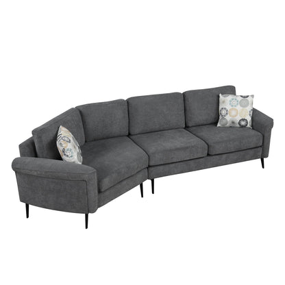111' Upholstered 3-Seater Sofa Curved Sofa Couch With Two Printed Pillows for Living Room, Dark Gray