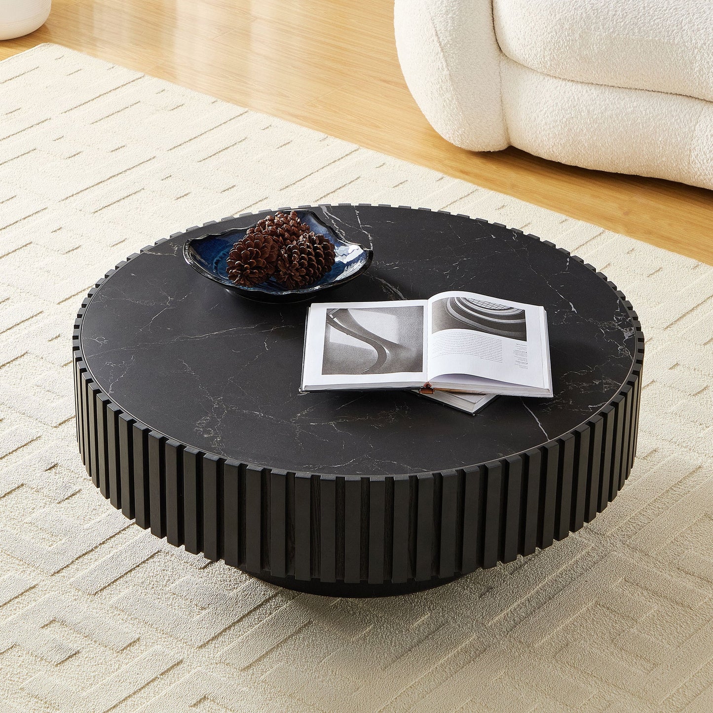 35.43'' Nesting Round Sintered Stone Tabletop Modern Drum Coffee Table Luxury Circle Coffee Table for Apartment BLACK