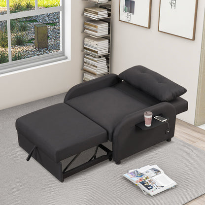 3-In-1 Pull Out Sofa Sleeper With Wing Table and USB Charge, Black Linen Upholstery, Iron Frame