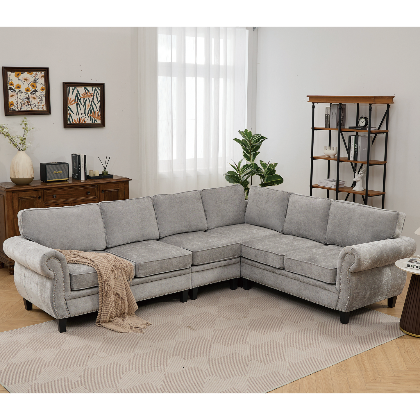 109.5' Modular Sectional Sofa , Rivets Decorated & Rolled Armrest,L Shaped Couch for Living Room, Corner Couch, Chenille
