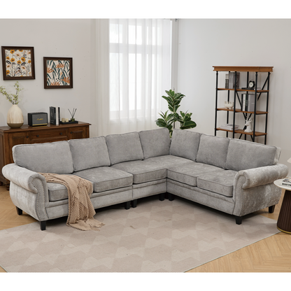 109.5' Modular Sectional Sofa , Rivets Decorated & Rolled Armrest,L Shaped Couch for Living Room, Corner Couch, Chenille