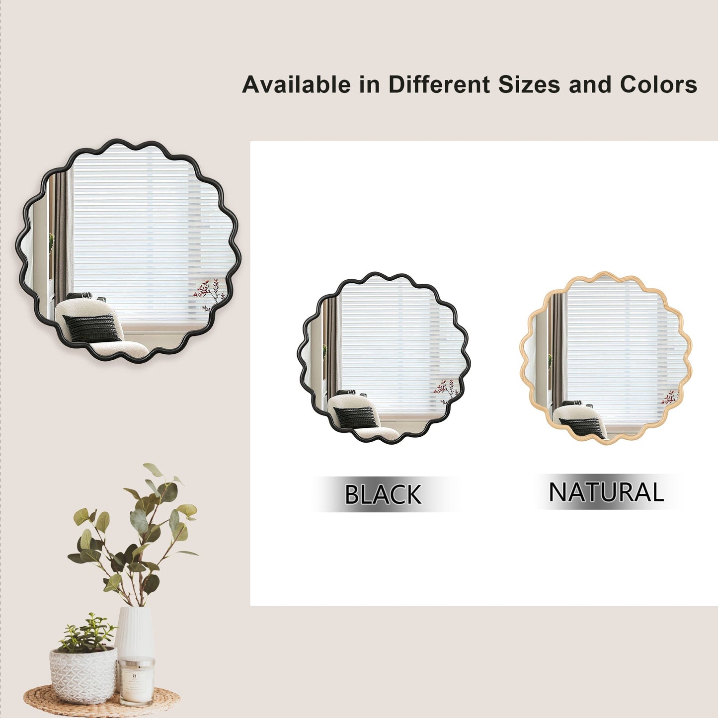 Solid Wood Wavy Mirror-Black Mirror Wall Decor 31' X 31' Modern Mirror Wall Decor for Bathroom, Bedroom, Living Room, Di