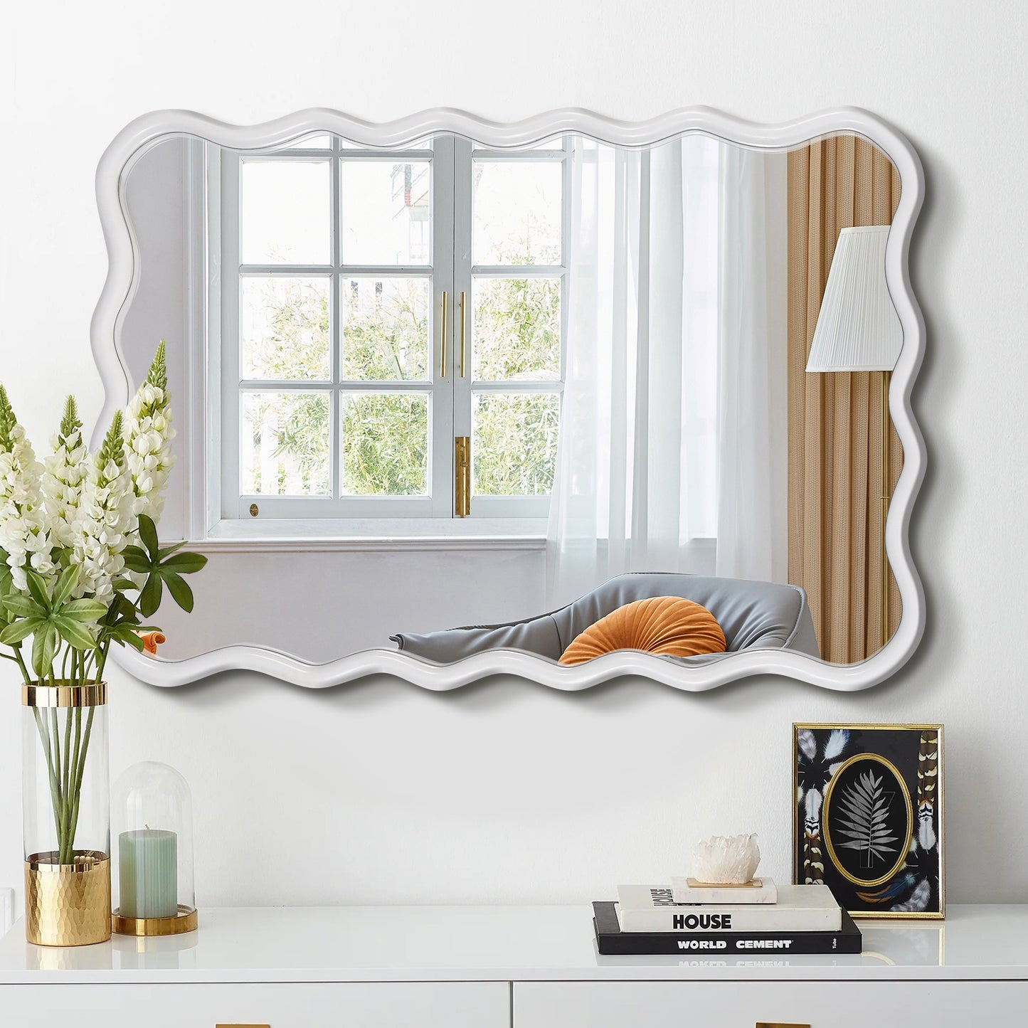 Solid Wood Wavy Rectangle  Mirror-Natural-Wood   40' X 28' Modern Mirror Wall Decor for Bathroom, Bedroom, Living Room,