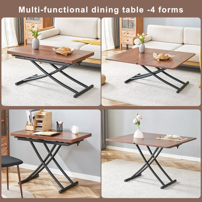 Table and Chair set.Modern Multifunctional Lifting Platform,Walnut Wood Grain Sticker MDF Desktop, Black Metal Legs.Pair