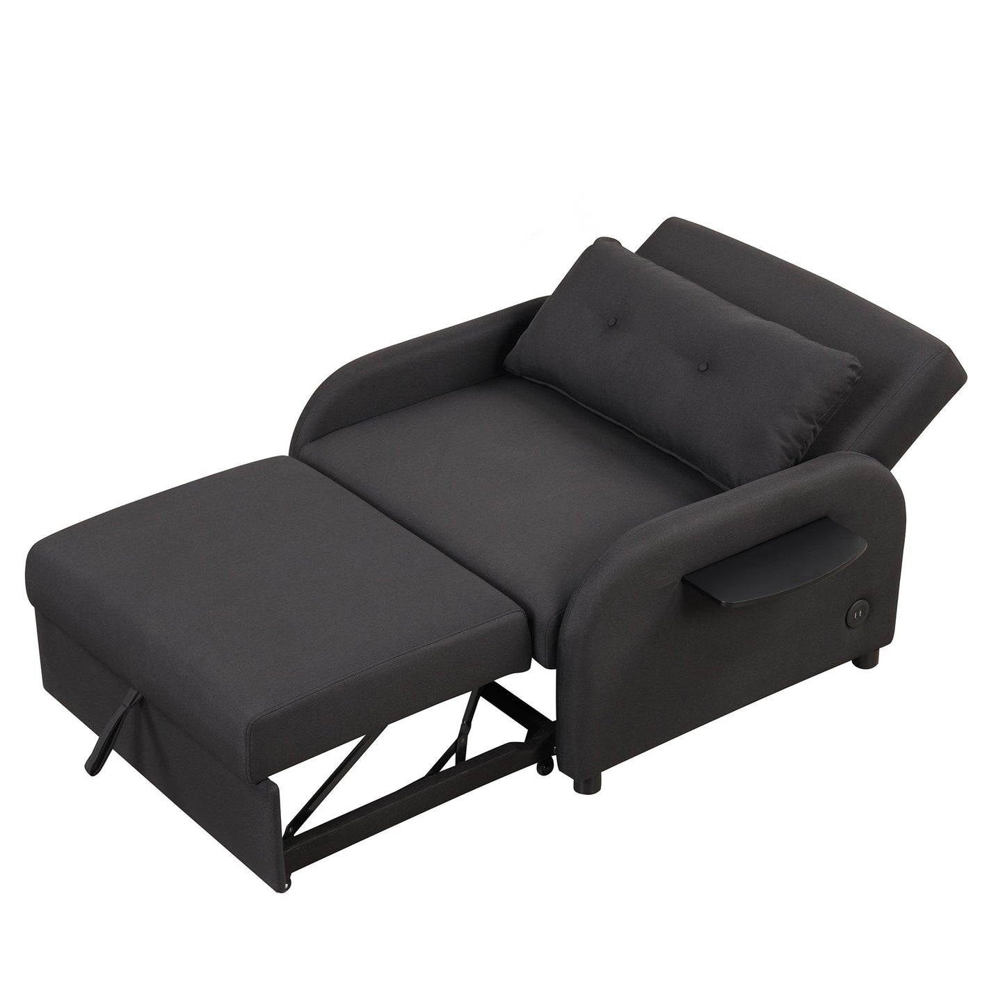 3-In-1 Pull Out Sofa Sleeper With Wing Table and USB Charge, Black Linen Upholstery, Iron Frame