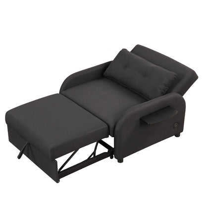 3-In-1 Pull Out Sofa Sleeper With Wing Table and USB Charge, Black Linen Upholstery, Iron Frame