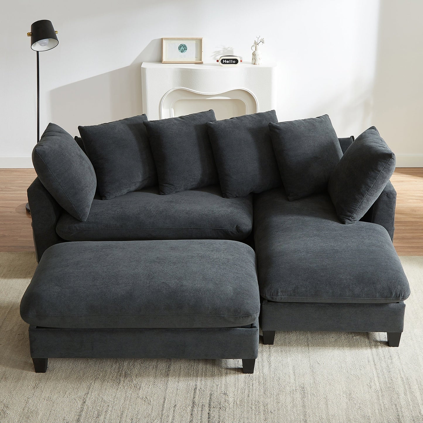 Black Upholstered 83' L-Shaped Sectional Sofa With Storage, Movable Ottoman, and Six Throw Pillows