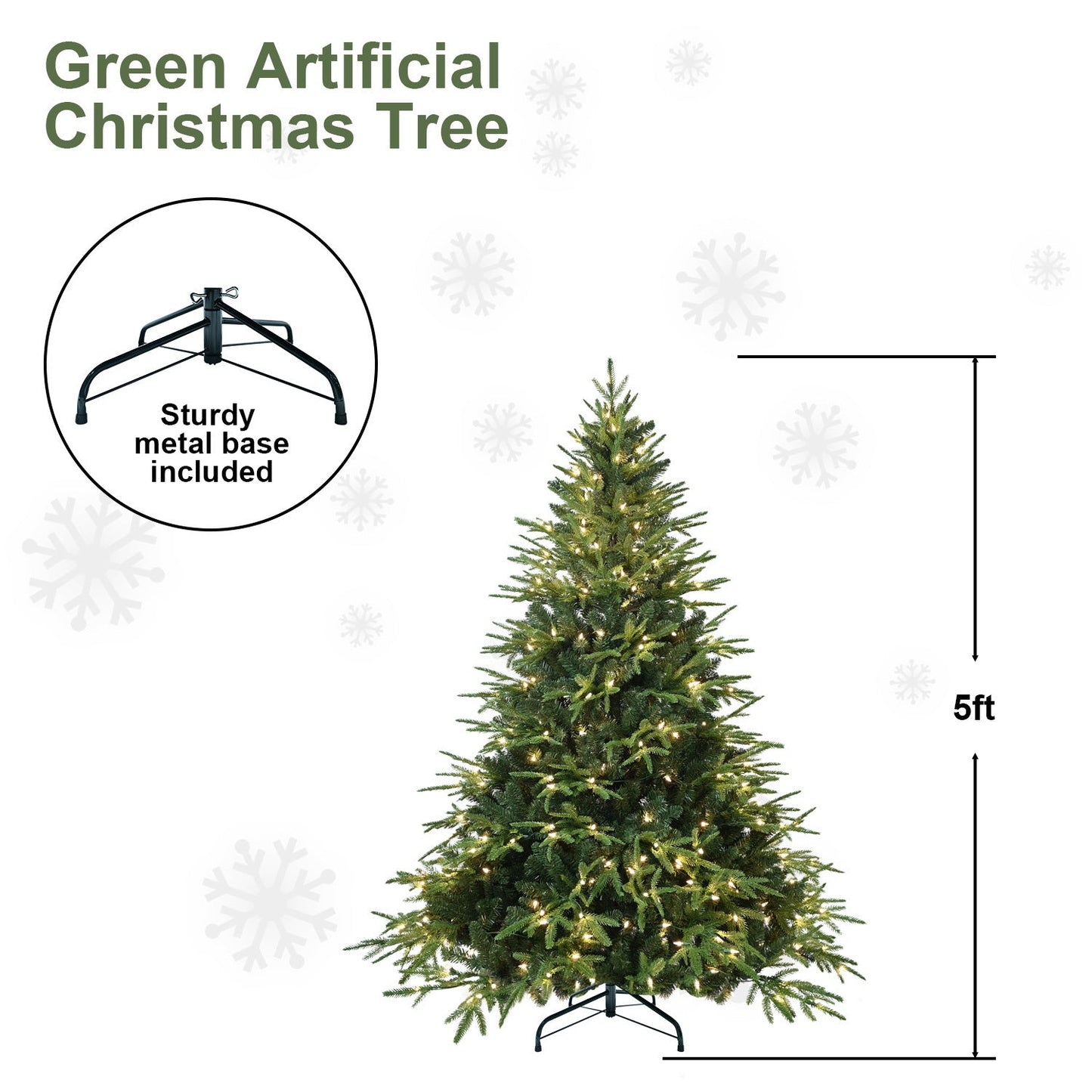 5ft Pre-Lit Artificial Christmas Tree With 300 Warm White Incandescent Lights, 1419 Tips, PE+PVC Hinged Pine With Partia