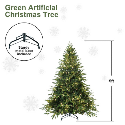 5ft Pre-Lit Artificial Christmas Tree With 300 Warm White Incandescent Lights, 1419 Tips, PE+PVC Hinged Pine With Partia
