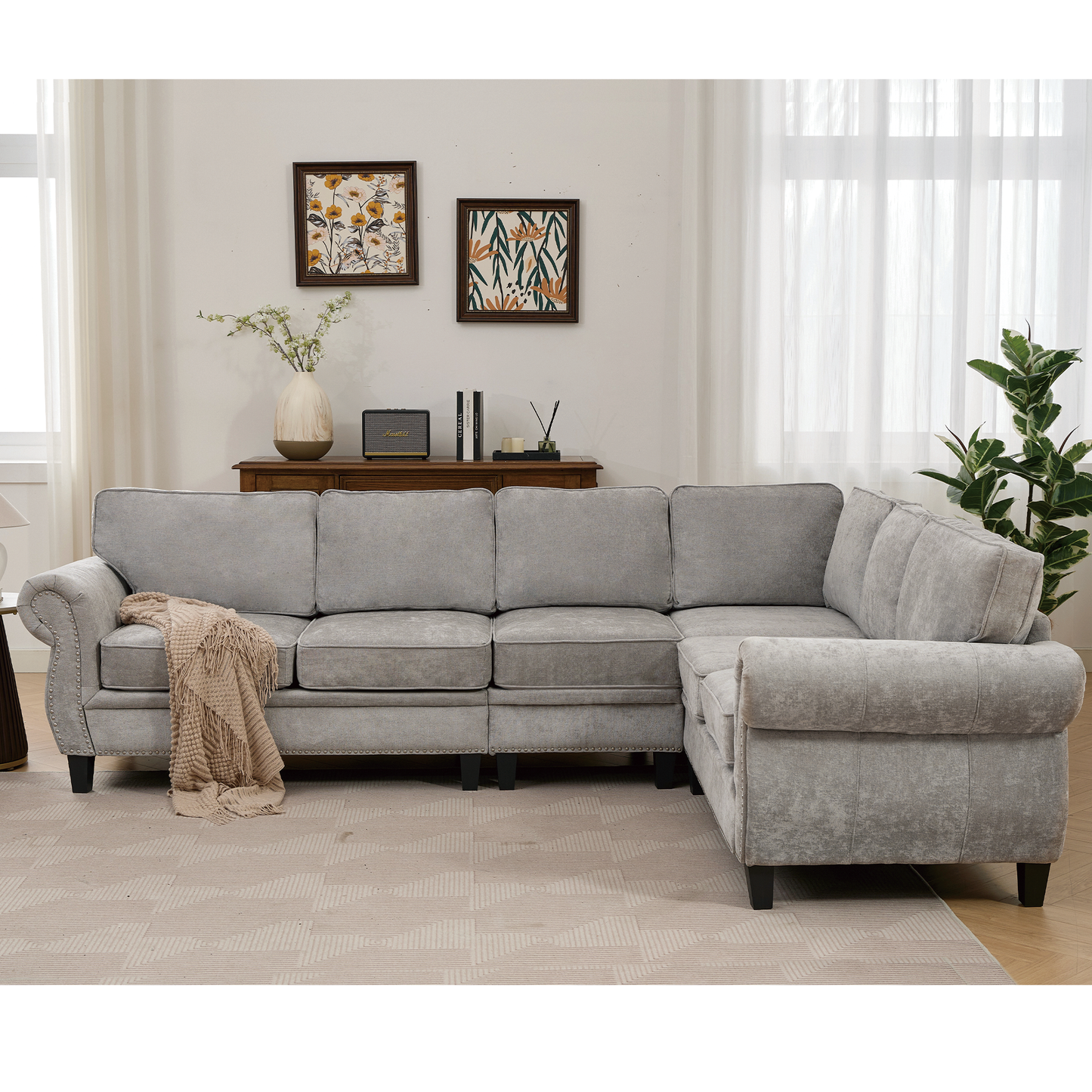 109.5' Modular Sectional Sofa , Rivets Decorated & Rolled Armrest,L Shaped Couch for Living Room, Corner Couch, Chenille