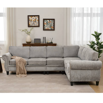 109.5' Modular Sectional Sofa , Rivets Decorated & Rolled Armrest,L Shaped Couch for Living Room, Corner Couch, Chenille