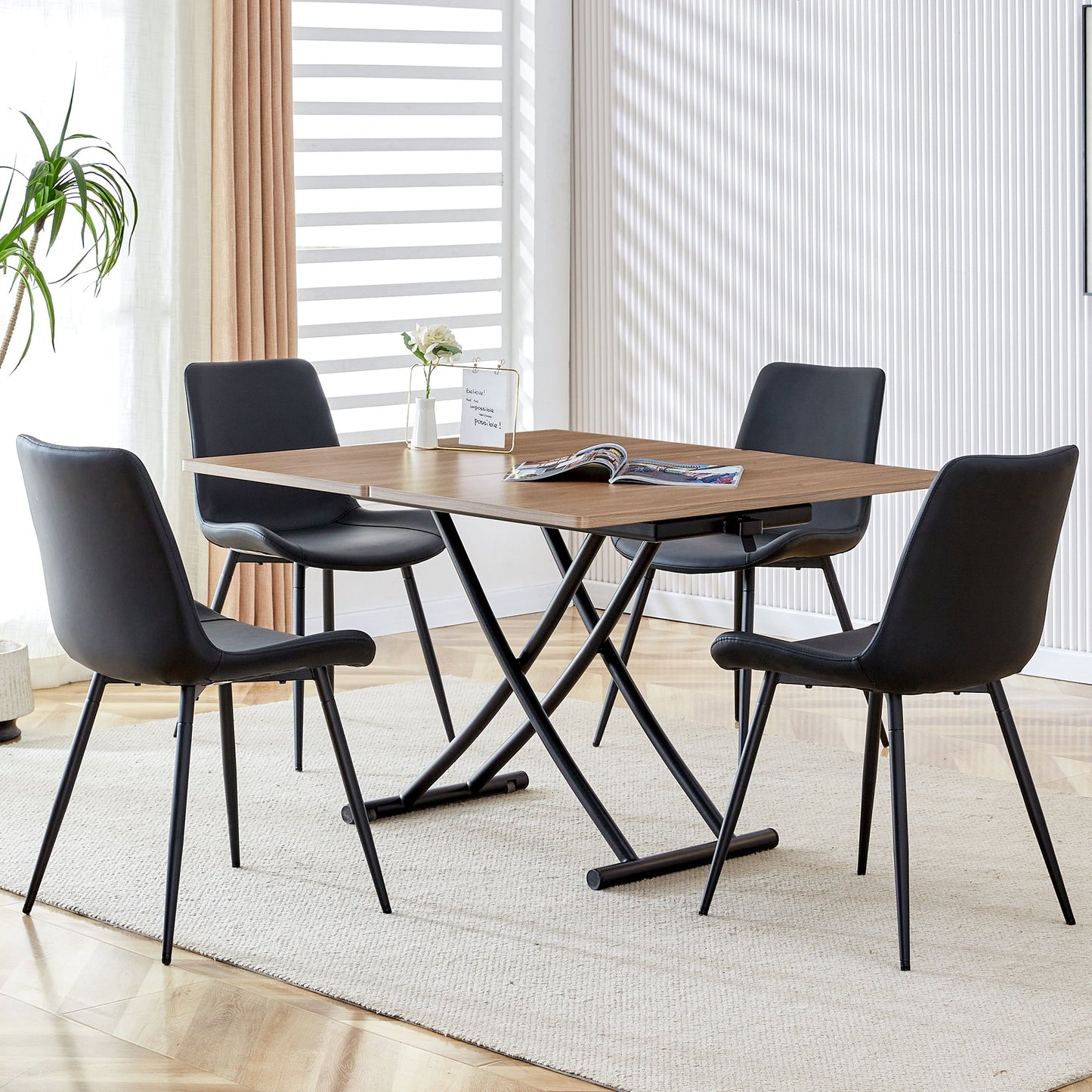 Modern Minimalist Multifunctional Lifting Table, With a 0.8-Inch Wood Grain Process Sticker Desktop and Black Metal Legs