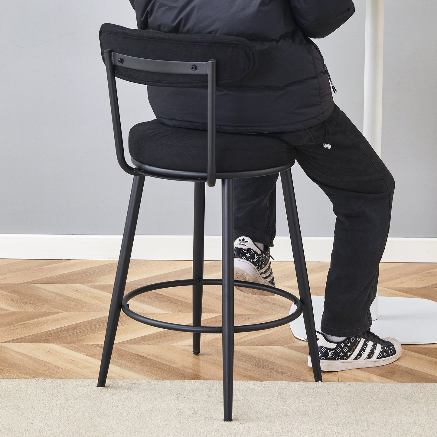 Stylish Ergonomic Bar Chairs Set With Black Breathable Cushions and Metal Legs, 35.5 Inches High, Pack of Two