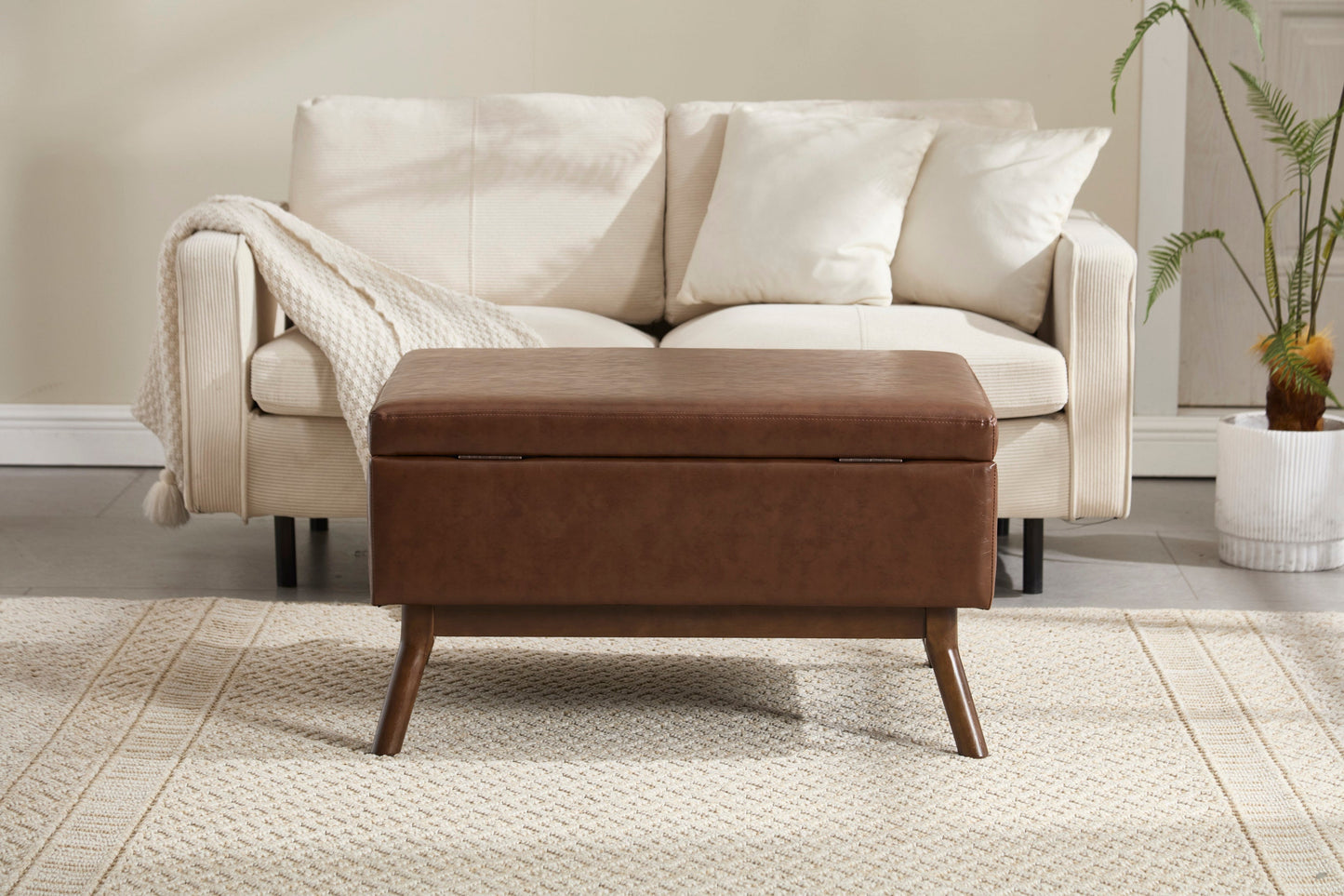 Mid-Century Modern Square Coffee Table Storage Bench, Assembled, Suitable for Living Room, Entryway and Family Room, Use