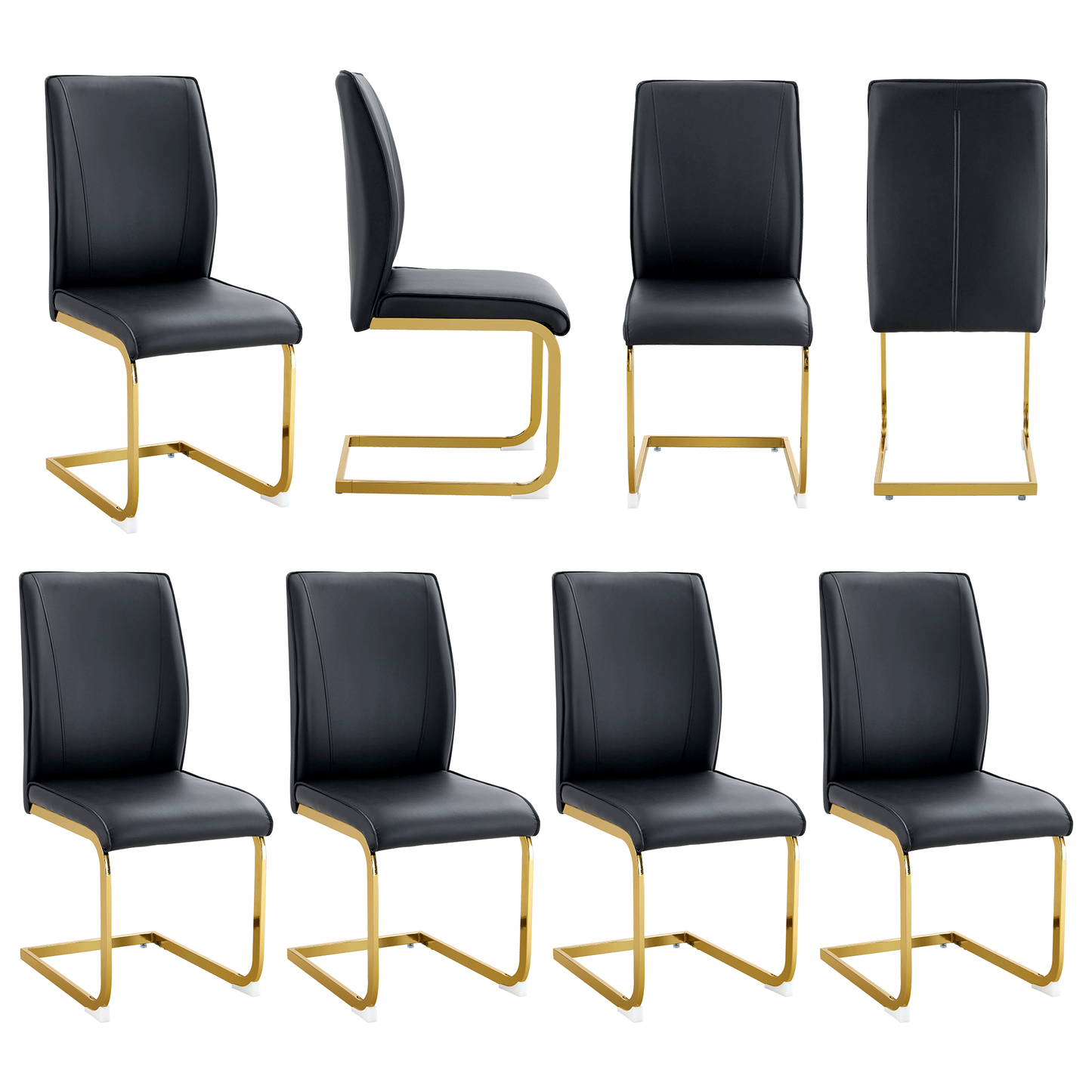 Luxury Simple Arch Chair Set of 8 BLACK PU Material High Resilience Dining Chair With Gold Metal Legs