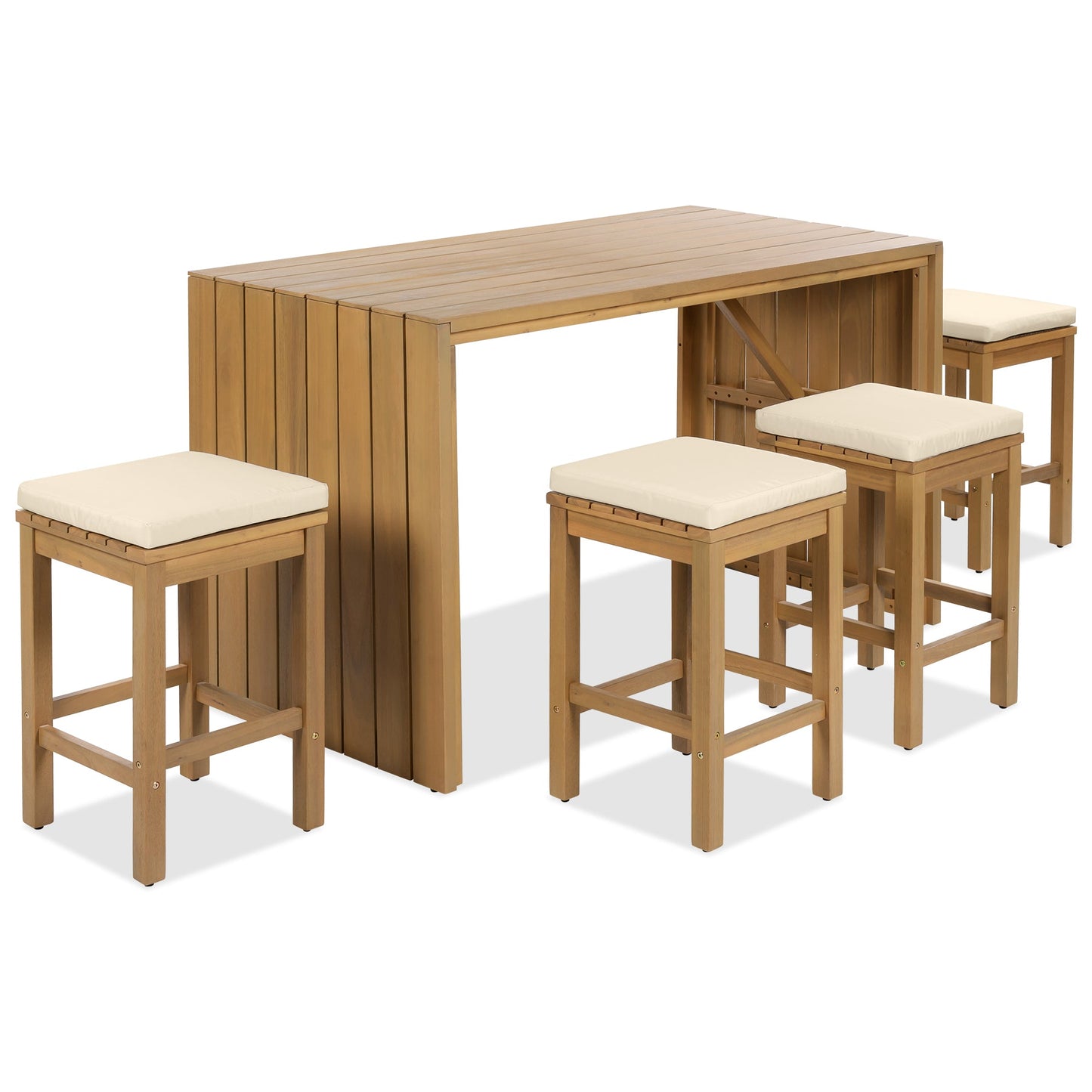 5 Piece Outdoor Bar Set, Patio Acacia Wood Bar Height Table & Four Stools With Cushions, Wood Dining Bar Set for Backyar