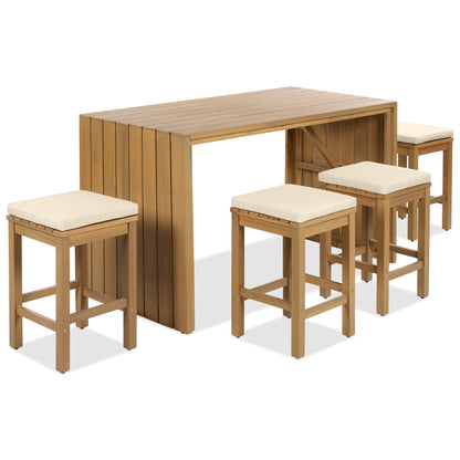 5 Piece Outdoor Bar Set, Patio Acacia Wood Bar Height Table & Four Stools With Cushions, Wood Dining Bar Set for Backyar