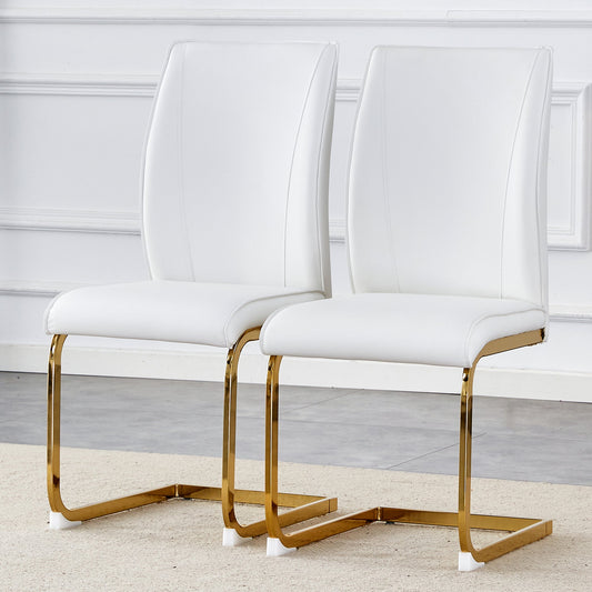 Luxury Simple Arch Chair Set of 2 - High Resilience Dining Chair With Arched Metal Gold Legs, White PU Material