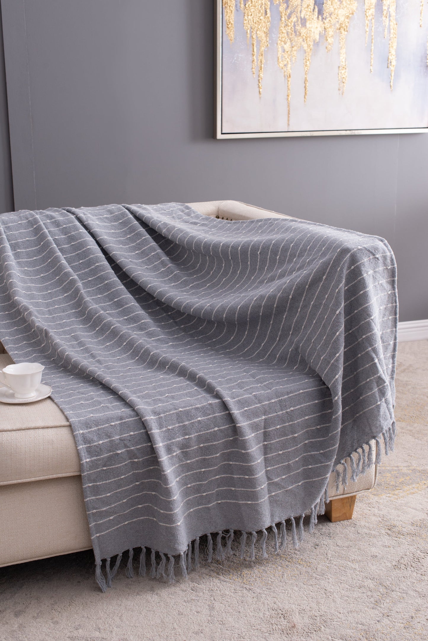 50x60' Gray Striped Decorative Throw Blanket With Tassels and Horizontal Stripes, 2 Pack