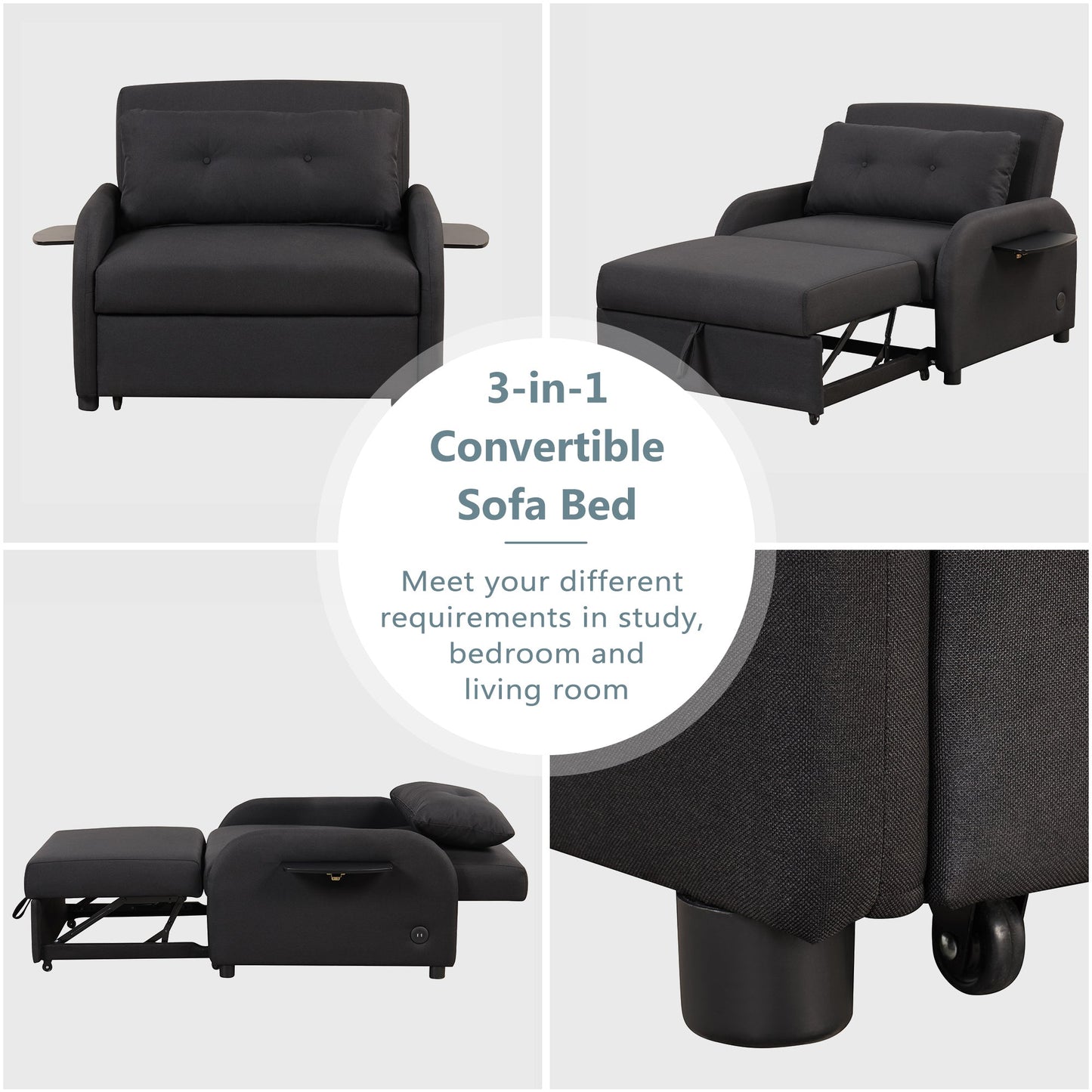 3-In-1 Pull Out Sofa Sleeper With Wing Table and USB Charge, Black Linen Upholstery, Iron Frame
