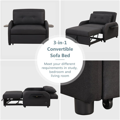 3-In-1 Pull Out Sofa Sleeper With Wing Table and USB Charge, Black Linen Upholstery, Iron Frame