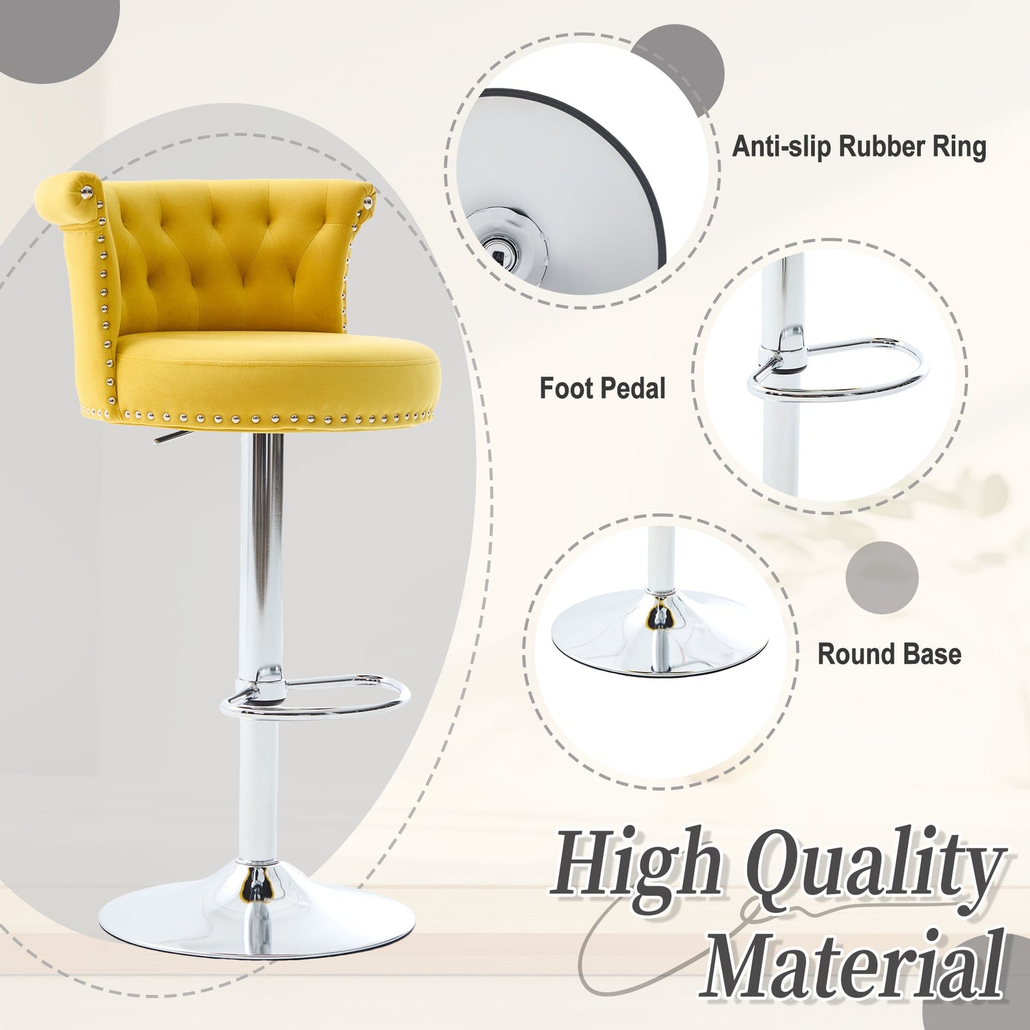 Velvet Bar Stool Set of 2, Adjustable Swivel Bar Stools With Silver Plated Metal Leg, Chrome Nailhead, Counter Height Ch