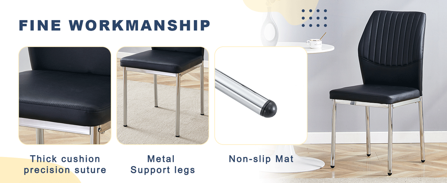 Table and Chair set.A 38.6' Transparent Tempered Glass Round Dining Table-Silver Metal Legs.Paired With 6 BLACK PU Mater