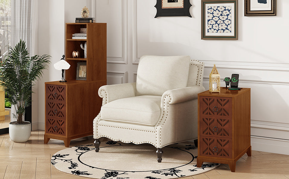 End Table With 3 Drawers, Corner Table With 2 Open Shelves, Tall Side Table for Bedroom and Corner, Walnut,Expect Arriva