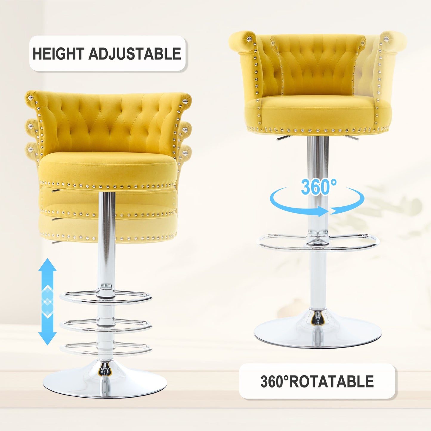 Velvet Bar Stool Set of 2, Adjustable Swivel Bar Stools With Silver Plated Metal Leg, Chrome Nailhead, Counter Height Ch