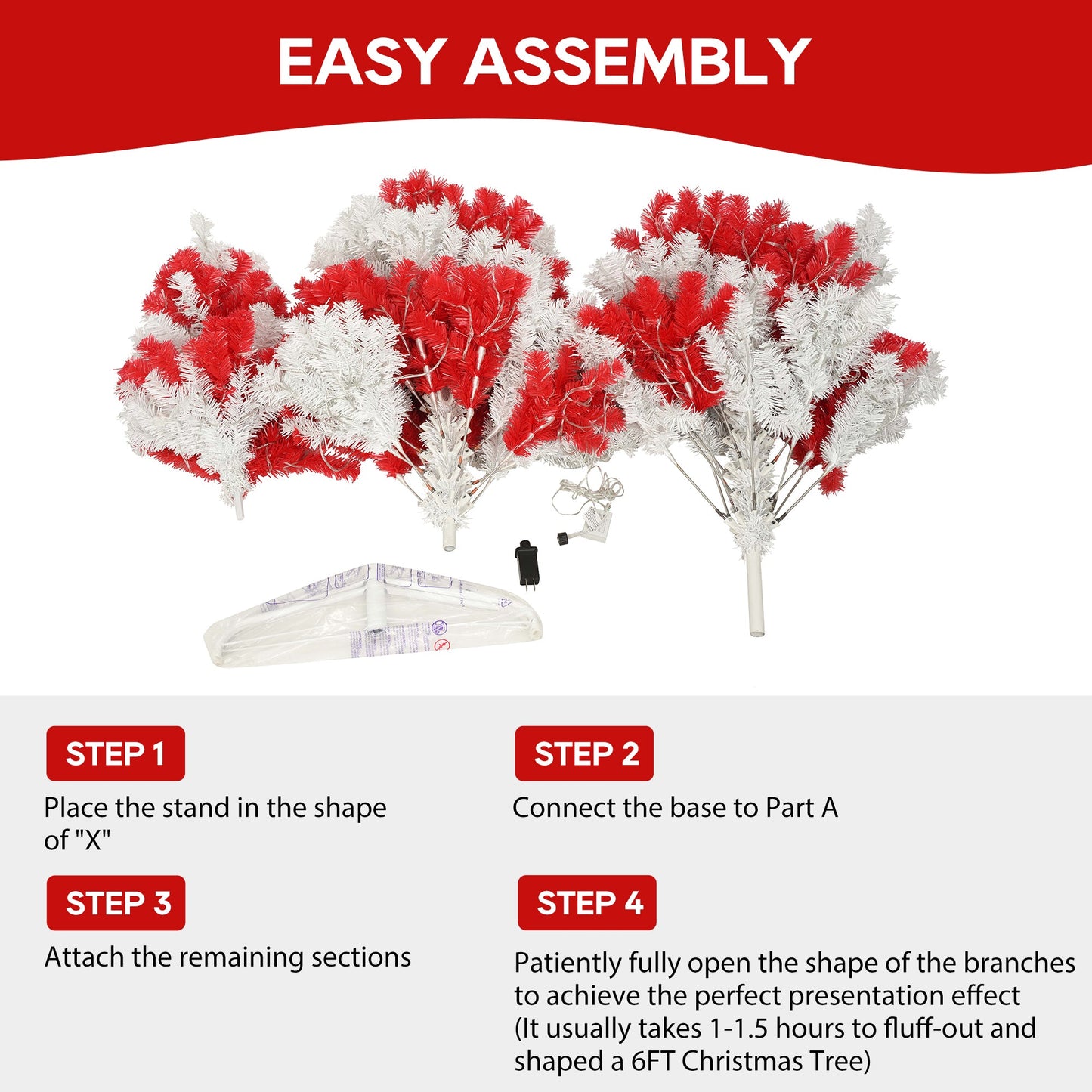 6ft Artificial Christmas Tree With 300 LED Lights and 900 Bendable Branches, Candy Cane Christmas Tree Holiday Decoratio