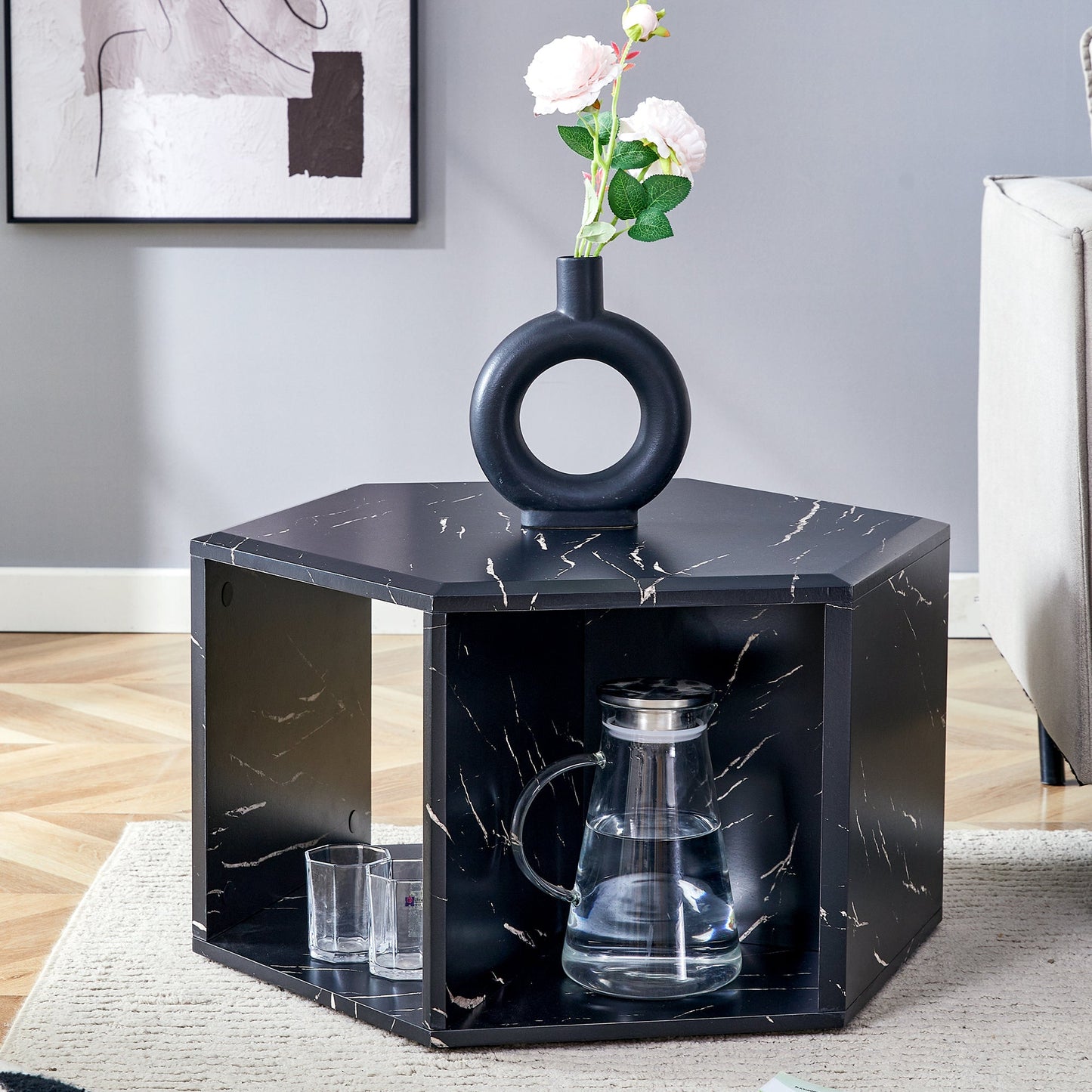 Hexagonal MDF Coffee Table, Characteristic Pattern Stickers, Multi-Hole Design to Give More Storage Space, Simple and Co